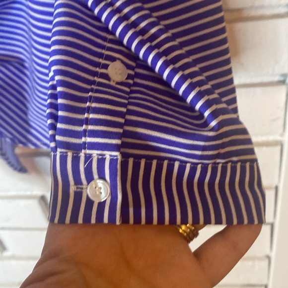 Talbots striped button front split neck blouse tie front - Picture 2 of 7